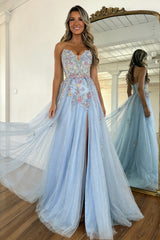 Romantic Light Blue Strapless Floral Appliqué Tulle Prom Dress with Flowing Train