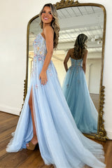 Romantic Light Blue Strapless Floral Appliqué Tulle Prom Dress with Flowing Train