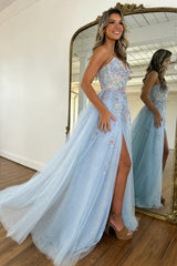 Romantic Light Blue Strapless Floral Appliqué Tulle Prom Dress with Flowing Train