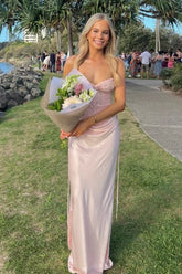Romantic Light Pink Satin Prom Dress with Beaded Corset Top