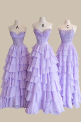 Romantic Lilac A-Line Prom Dress with Lace Bodice and Cascading Tiers