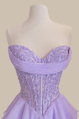 Romantic Lilac A-Line Prom Dress with Lace Bodice and Cascading Tiers