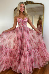 Pink Romantic A-Line Straps Zipper Back Long Print Tulle Prom Party Dress