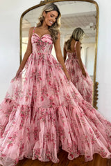 Pink Romantic A-Line Straps Zipper Back Long Print Tulle Prom Party Dress