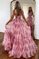 Pink Romantic A-Line Straps Zipper Back Long Print Tulle Prom Party Dress