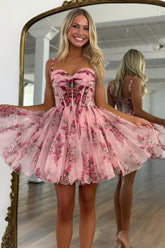 Romantic Pink Floral A-Line Straps Short Print Tulle Homecoming Dress