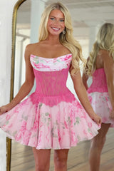 Romantic Pink Floral Print Homecoming Dress with Lace Corset Bodice