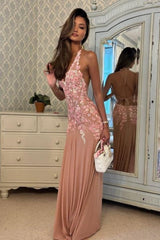 Romantic Pink Halter Neck Tie Back Prom Dress with 3D Floral Lace Appliqué