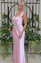 Romantic Pink Satin Long Prom Dress with Vintage Lace Top