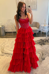 Romantic Red Strapless Tiered Ruffle Prom Dress with Corset Bodice and High Slit