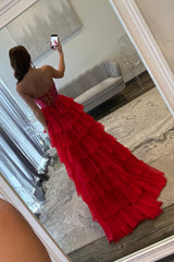 Romantic Red Strapless Tiered Ruffle Prom Dress with Corset Bodice and High Slit