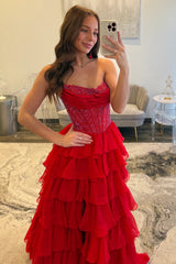 Romantic Red Strapless Tiered Ruffle Prom Dress with Corset Bodice and High Slit