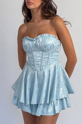 Romantic Strapless Ruffled Bust Jacquard Blue Homecoming Dress with Tiered Skirt