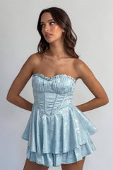 Romantic Strapless Ruffled Bust Jacquard Blue Homecoming Dress with Tiered Skirt
