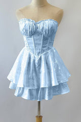 Romantic Strapless Ruffled Bust Jacquard Blue Homecoming Dress with Tiered Skirt