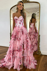 Stunning Pink A-Line Sweetheart Satin Top Long Print Tulle Prom Dress with Slit