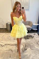 Romantic Sweetheart Lace Top Corset Mini Homecoming Dress with Tiered Skirt