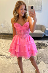 Romantic Sweetheart Lace Top Corset Mini Homecoming Dress with Tiered Skirt