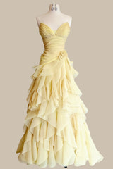 Romantic Yellow Strapless Ruffle Chiffon Prom Dress with Layered Tiered Skirt