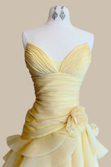 Romantic Yellow Strapless Ruffle Chiffon Prom Dress with Layered Tiered Skirt