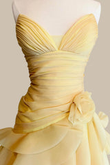 Romantic Yellow Strapless Ruffle Chiffon Prom Dress with Layered Tiered Skirt