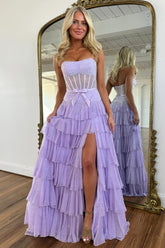 Romantic Lilac Ruffle Tiered Beaded Prom Dress with Corset Bodice