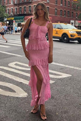 Romantic Pink Lace Prom Dress with Ruffle Tiers and Adjustable Straps