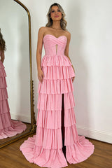 Romantic Pink Sweetheart Glitter Corset Prom Dress with High Slit and Ruffles