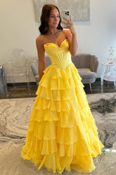 Romantic Yellow Sweetheart Corset Tiered Ruffle Chiffon Ball Gown Prom Dress