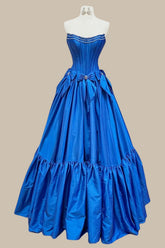 Royal Blue A Line Strapless Prom Dress with Corset Bodice Ball Gown Skirt and Bow Accent