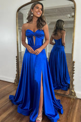 Royal Blue Satin Prom Dress Featuring a Sweetheart Neckline and A-Line Shape