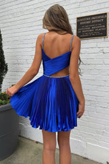 Royal Blue Cutout Pleated Homecoming Mini Dress with Rhinestone Waist Detail
