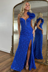 Royal Blue Glitter One Shoulder Mermaid Gown with Lace 3D Flower and Slit Prom Dress