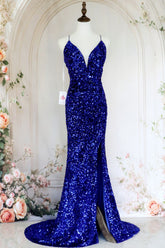 Royal Blue Mermaid Spaghetti Straps Long Sequin Prom Dress with Slit
