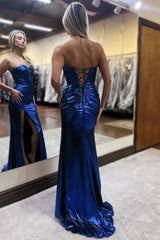Royal Blue Metallic Strapless Lace Up Prom Dress with Ruched Waist and High Slit