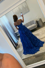 Royal Blue Off Shoulder Sweetheart Prom Dress with Beaded Illusion Bodice and Layered Ruffle Slit Skirt