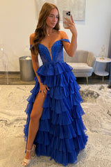 Royal Blue Off Shoulder Sweetheart Prom Dress with Beaded Illusion Bodice and Layered Ruffle Slit Skirt