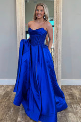 Royal Blue Satin Gown with Strapless Glitter Bodice A-Line Silhouette Prom Dress