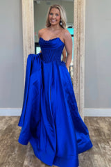 Royal Blue Satin Gown with Strapless Glitter Bodice A-Line Silhouette Prom Dress