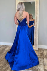 Royal Blue Satin Gown with Strapless Glitter Bodice A-Line Silhouette Prom Dress