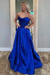 Royal Blue Satin Gown with Strapless Glitter Bodice A-Line Silhouette Prom Dress