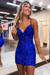 Royal Blue Sequin Spaghetti Strap Homecoming Dress with Glitter Embellishments