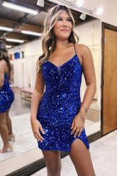 Royal Blue Sequin Spaghetti Strap Lace Up Homecoming Dress with Slit Detail