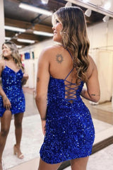 Royal Blue Sequin Spaghetti Strap Lace Up Homecoming Dress with Slit Detail