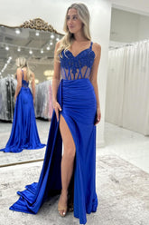 Royal Blue Spaghetti Straps Prom Dress with Lace Top and Slit