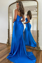 Elegant Royal Blue Mermaid Prom Dress with Corset Back and Thigh-High Slit
