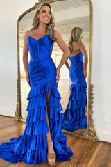 Royal Blue Strapless Satin Prom Dress with Long Ruffle Skirt and Side Slit
