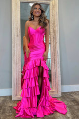 Royal Blue Strapless Satin Prom Dress with Long Ruffle Skirt and Side Slit