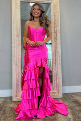 Royal Blue Strapless Satin Prom Dress with Long Ruffle Skirt and Side Slit