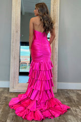 Royal Blue Strapless Satin Prom Dress with Long Ruffle Skirt and Side Slit